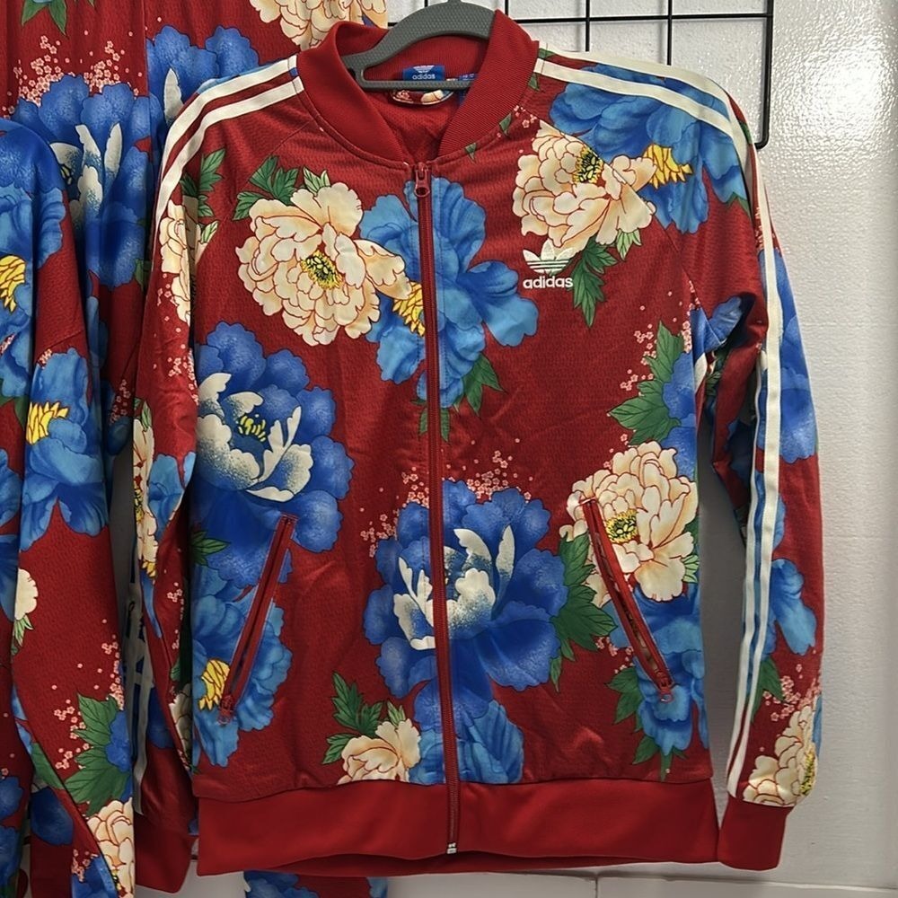 adidas 3 piece set: Red Floral Track Jacket, Leggings, & Sweatshirt - Picture 3 of 9